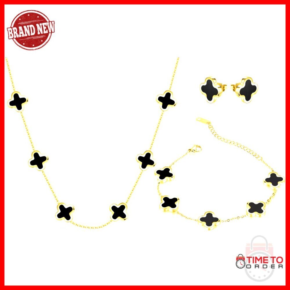 Four Leaf Clover Jewelry Set Gold Plated Lucky Charm Necklace Bracelet Earrings